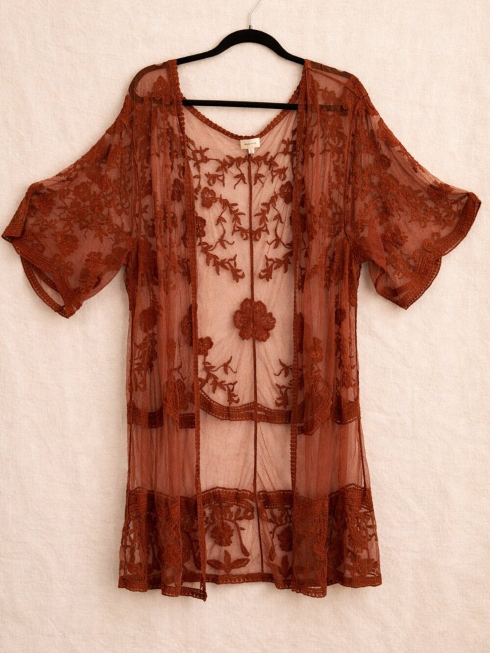 Dizzy Gal 2X Rust Embroidered Lace Kimono Duster Sheer Boho Fairy Layer